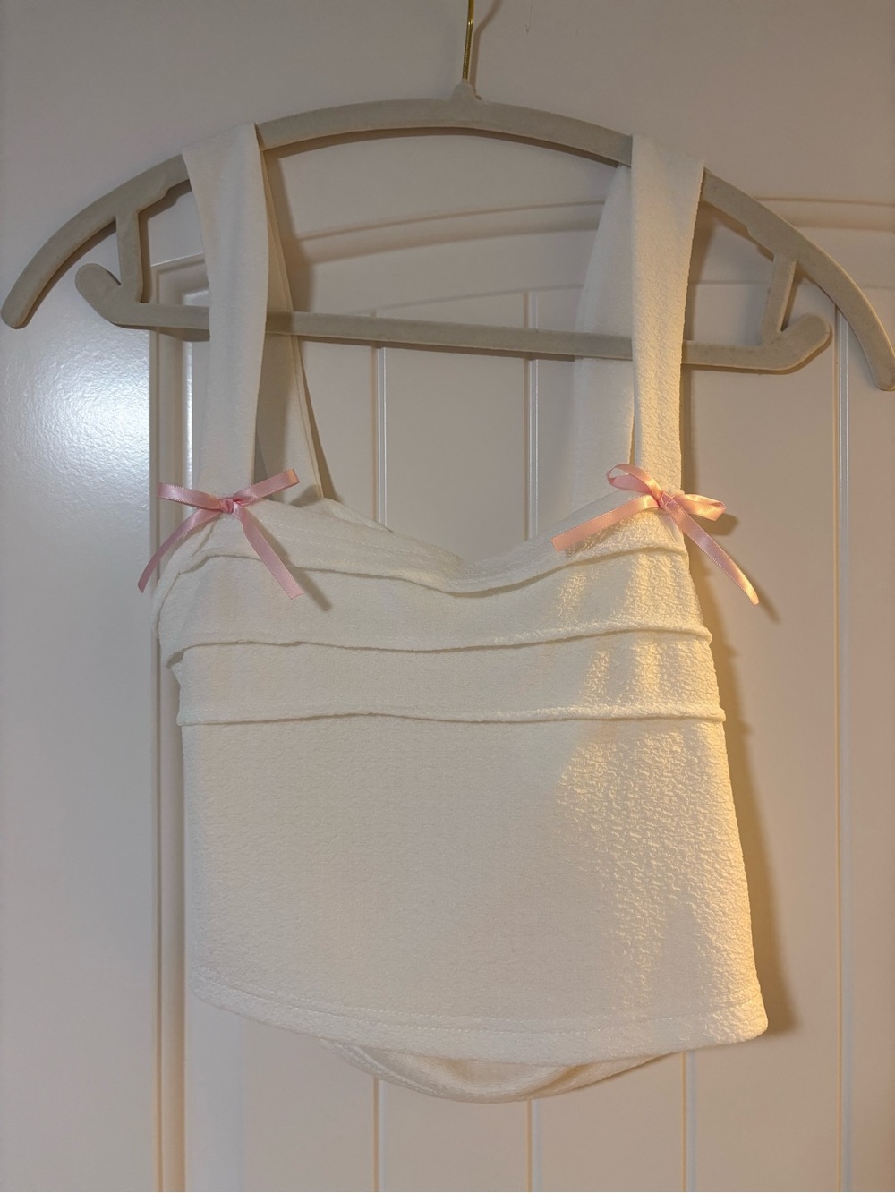 Women’s Cream Tank Top with Pink Bow Accents